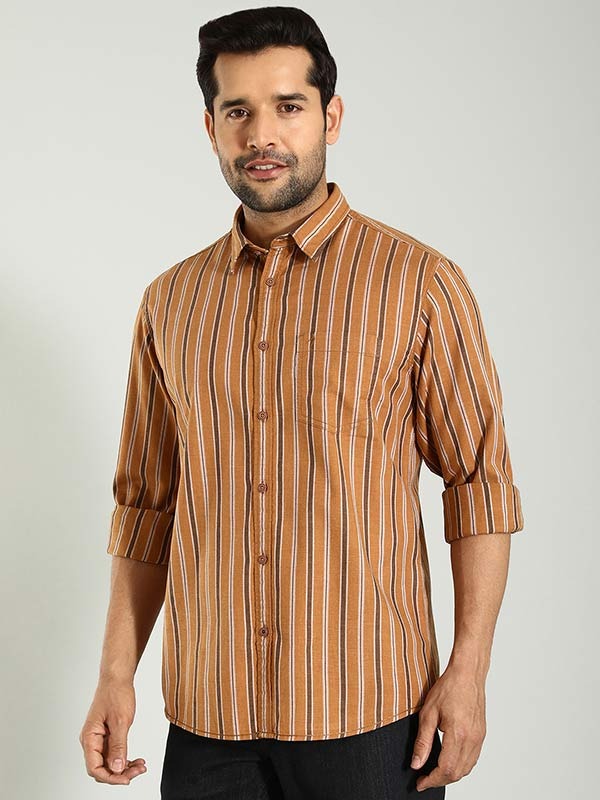 Indian Terrain Men's Regular Fit Full Sleeve Striped Brown Shirt